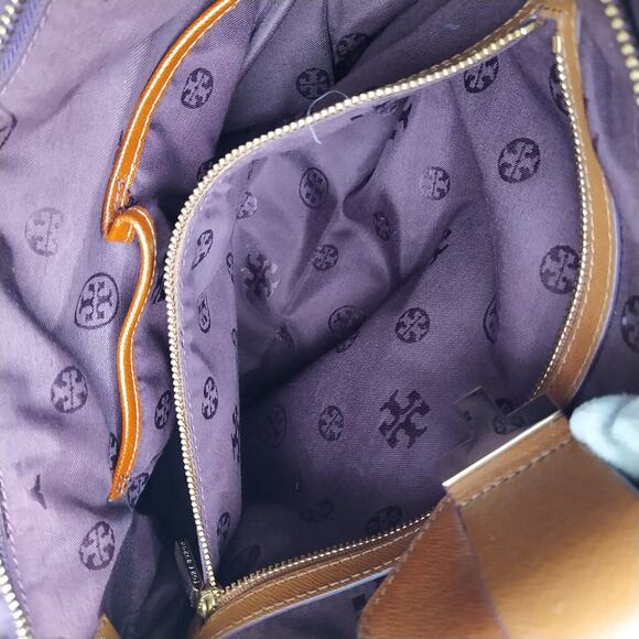 Tory Burch Purple Nylon Brown Leather Trim Double Handle Satchel Shoulder Bag - Picture 15 of 16